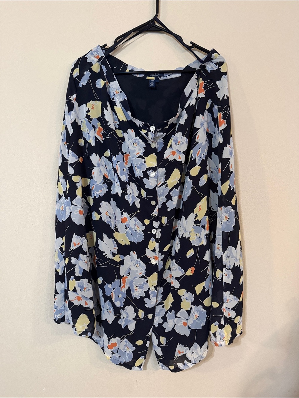 Floral Button-Front Blouse - Navy / Light Blue